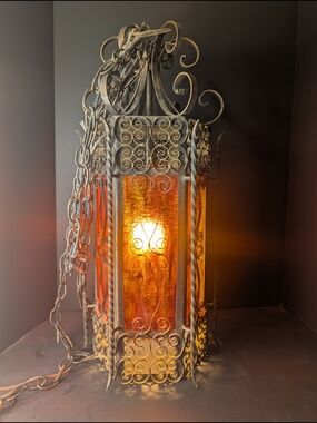 Vintage Gothic Iron Hanging Lantern with Amber Glass Panel